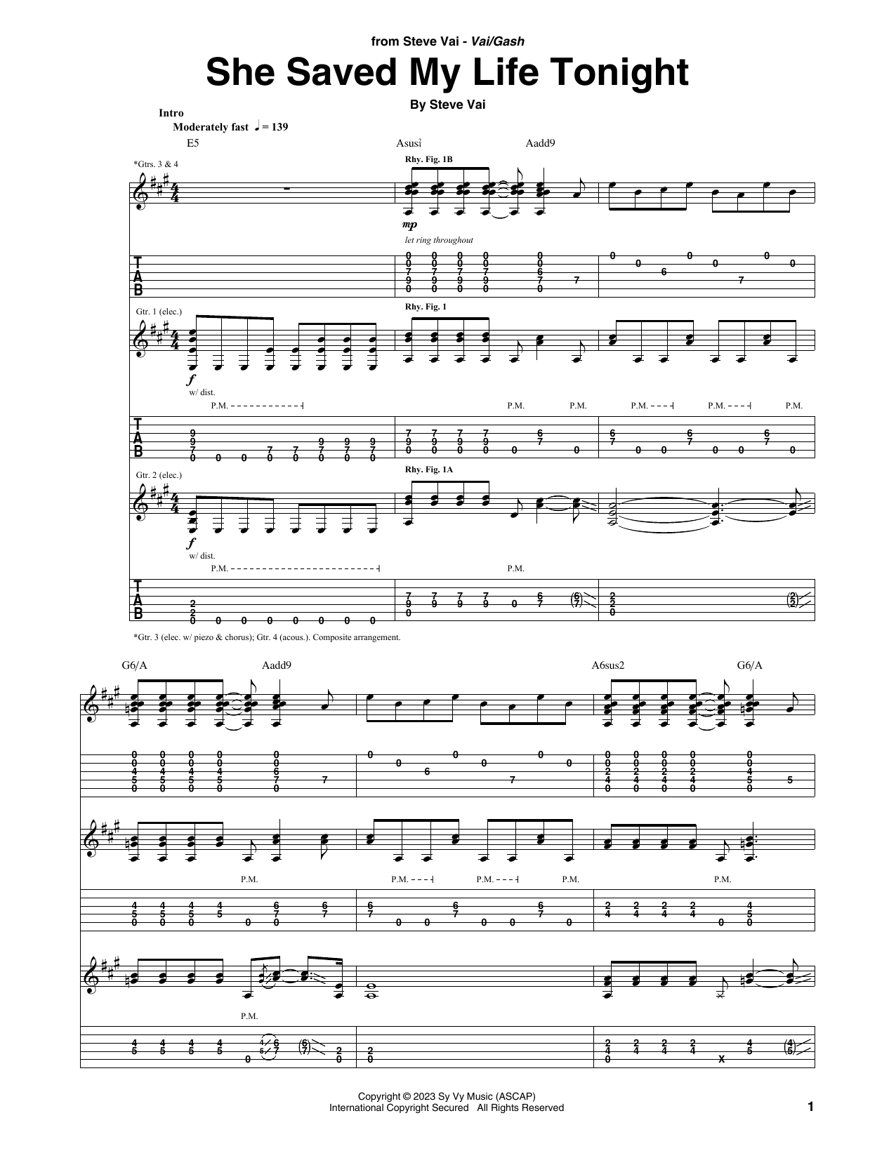 Download Steve Vai She Saved My Life Tonight Sheet Music and learn how to play Guitar Tab PDF digital score in minutes