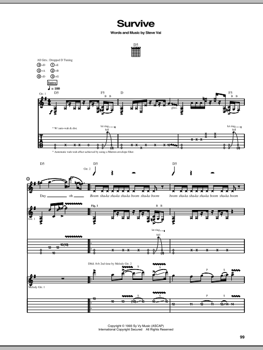 Download Steve Vai Survive Sheet Music and learn how to play Guitar Tab PDF digital score in minutes
