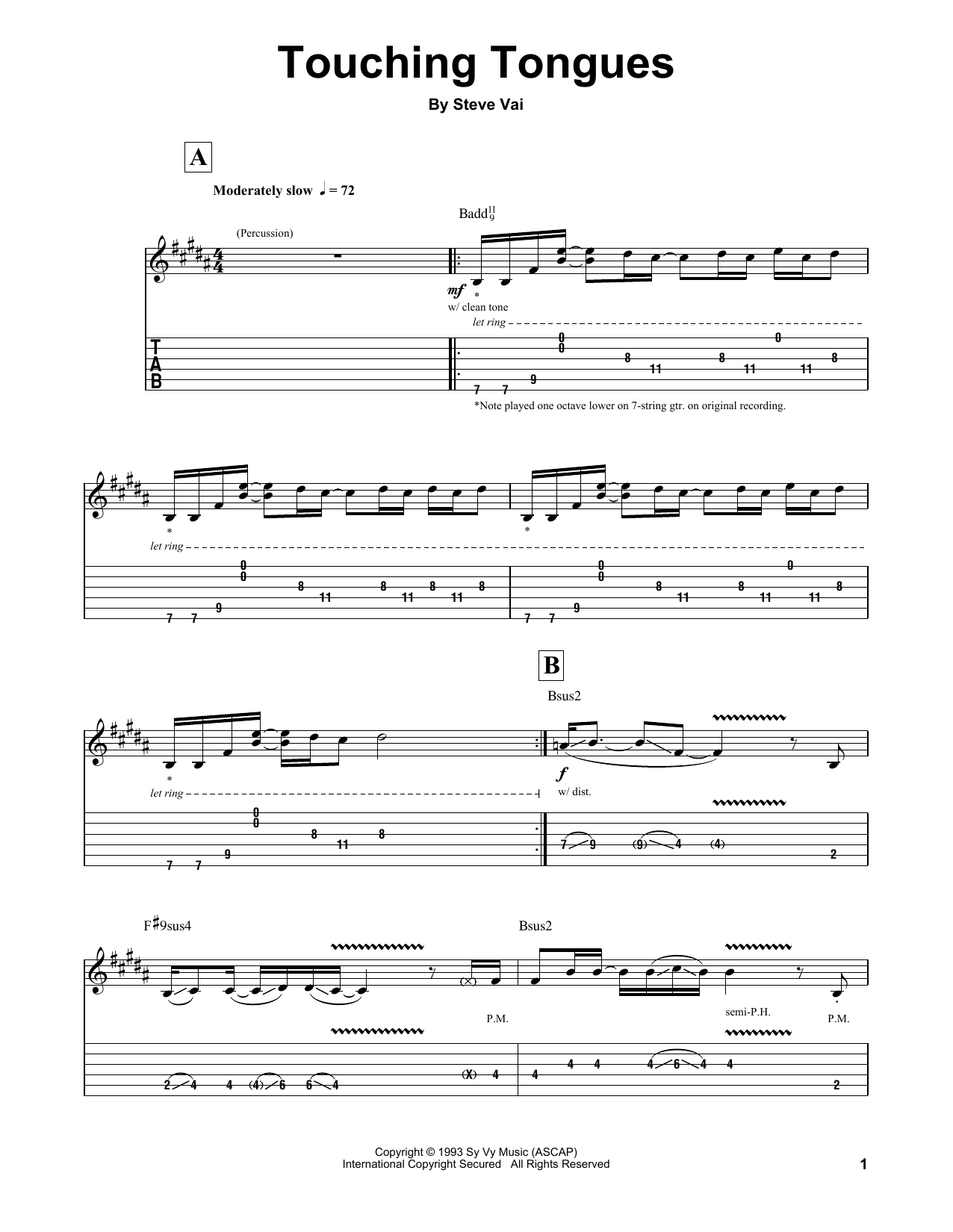 Download Steve Vai Touching Tongues Sheet Music and learn how to play Guitar Tab (Single Guitar) PDF digital score in minutes