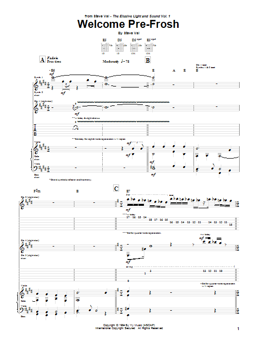 Download Steve Vai Welcome Pre-Frosh Sheet Music and learn how to play Guitar Tab PDF digital score in minutes