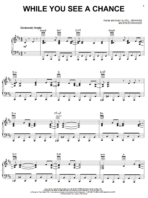 Download Steve Winwood While You See A Chance Sheet Music and learn how to play Lyrics & Chords PDF digital score in minutes