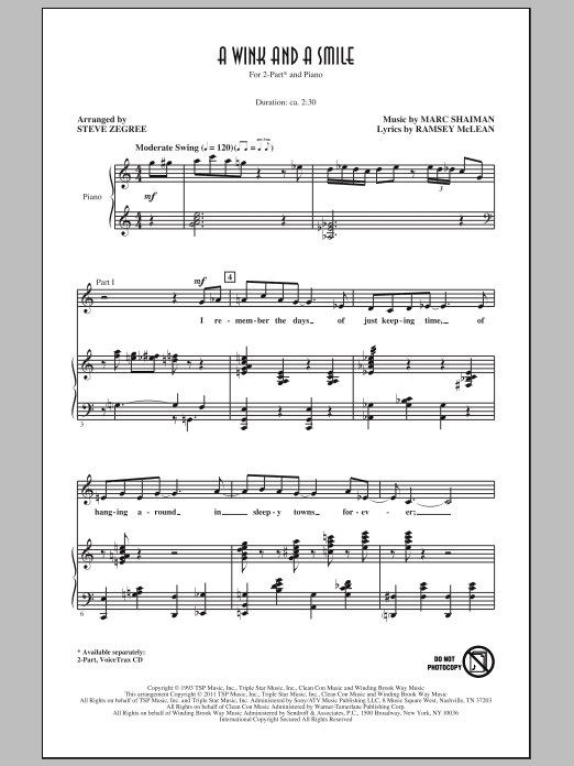 Download Harry Connick, Jr. A Wink And A Smile (arr. Steve Zegree) Sheet Music and learn how to play 2-Part Choir PDF digital score in minutes