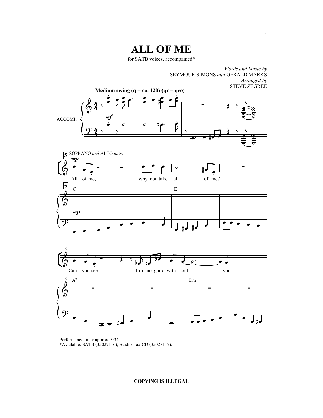 Download Gerald Marks All Of Me (arr. Steve Zegree) Sheet Music and learn how to play SATB PDF digital score in minutes