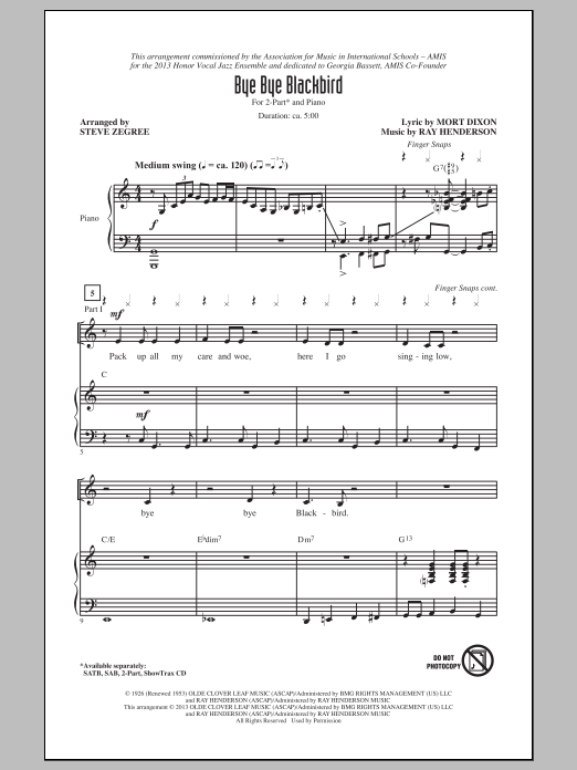 Download Ray Henderson Bye Bye Blackbird (arr. Steve Zegree) Sheet Music and learn how to play 2-Part Choir PDF digital score in minutes