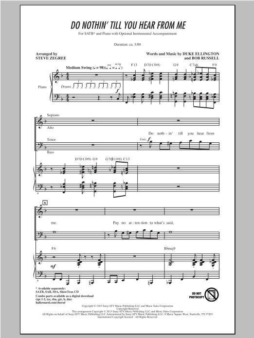 Download Duke Ellington Do Nothin' Till You Hear From Me (arr. Steve Zegree) Sheet Music and learn how to play SAB PDF digital score in minutes
