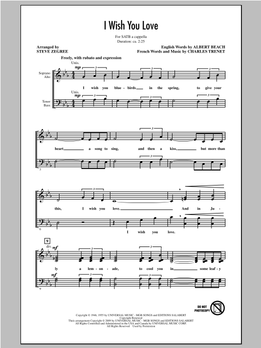 Download Charles Trenet I Wish You Love (arr. Steve Zegree) Sheet Music and learn how to play SATB PDF digital score in minutes