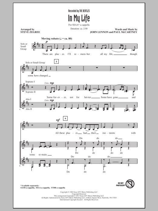 Download Steve Zegree In My Life Sheet Music and learn how to play SSA PDF digital score in minutes