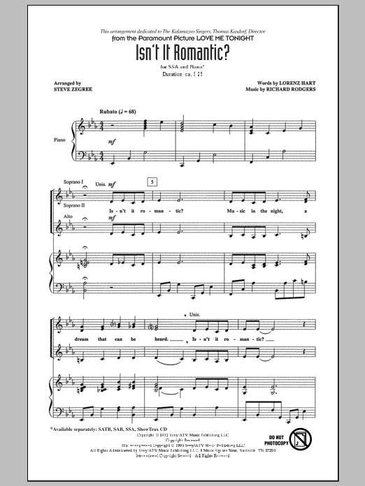 Download Rodgers & Hart Isn't It Romantic? (arr. Steve Zegree) Sheet Music and learn how to play SSA PDF digital score in minutes