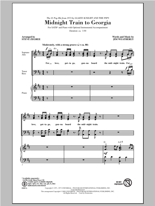 Download Gladys Knight & The Pips Midnight Train To Georgia (arr. Steve Zegree) Sheet Music and learn how to play SAB PDF digital score in minutes