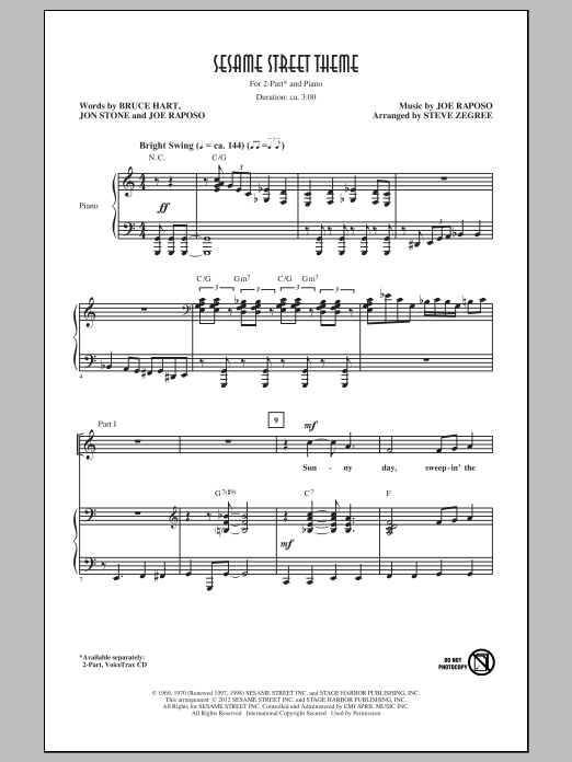 Download Joe Raposo Sesame Street Theme (arr. Steve Zegree) Sheet Music and learn how to play 2-Part Choir PDF digital score in minutes