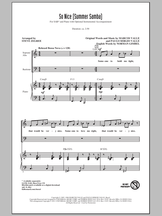 Download Steve Zegree So Nice (Summer Samba) Sheet Music and learn how to play SATB PDF digital score in minutes