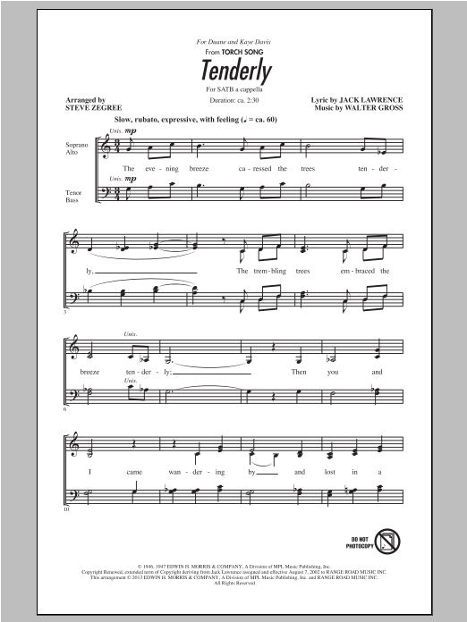 Download Joan Crawford Tenderly (arr. Steve Zegree) Sheet Music and learn how to play SATB PDF digital score in minutes