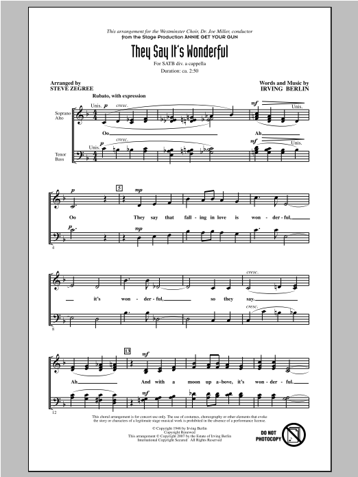 Download Irving Berlin They Say It's Wonderful (arr. Steve Zegree) Sheet Music and learn how to play SATB PDF digital score in minutes