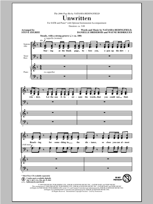 Download Steve Zegree Unwritten Sheet Music and learn how to play SATB PDF digital score in minutes