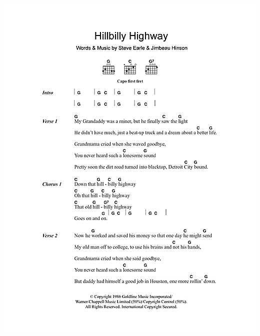 Download Steve Earle Hillbilly Highway Sheet Music and learn how to play Lyrics & Chords PDF digital score in minutes