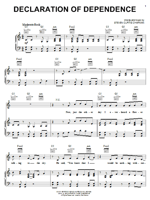 Download Steven Curtis Chapman Declaration Of Dependence Sheet Music and learn how to play Piano, Vocal & Guitar (Right-Hand Melody) PDF digital score in minutes