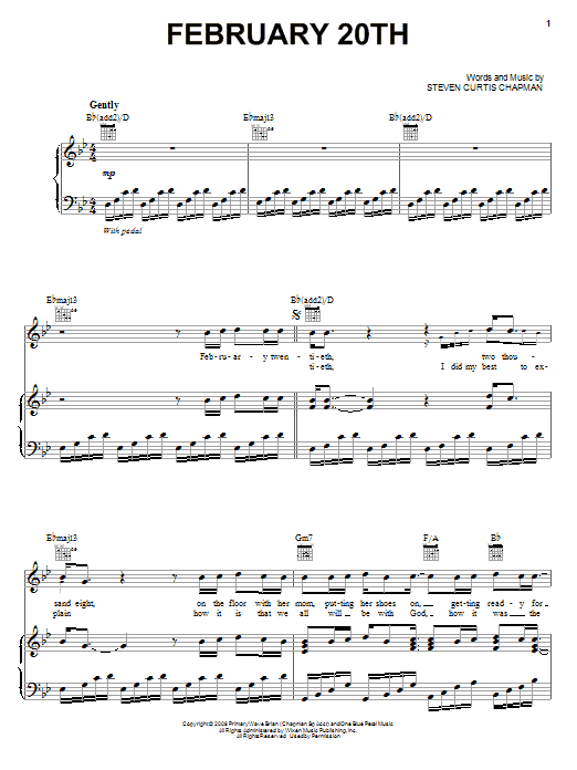 Download Steven Curtis Chapman February 20th Sheet Music and learn how to play Piano, Vocal & Guitar (Right-Hand Melody) PDF digital score in minutes