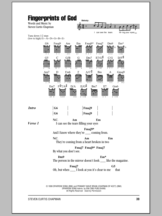 Download Steven Curtis Chapman Fingerprints Of God Sheet Music and learn how to play Lyrics & Chords PDF digital score in minutes