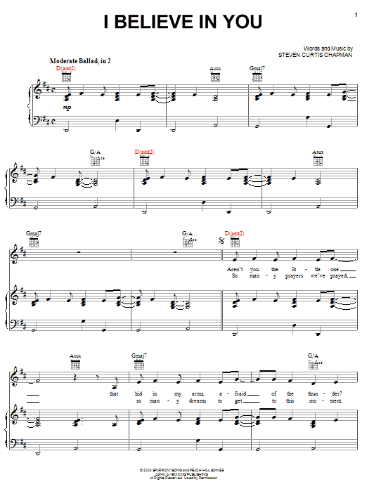 Download Steven Curtis Chapman I Believe In You Sheet Music and learn how to play Piano, Vocal & Guitar (Right-Hand Melody) PDF digital score in minutes