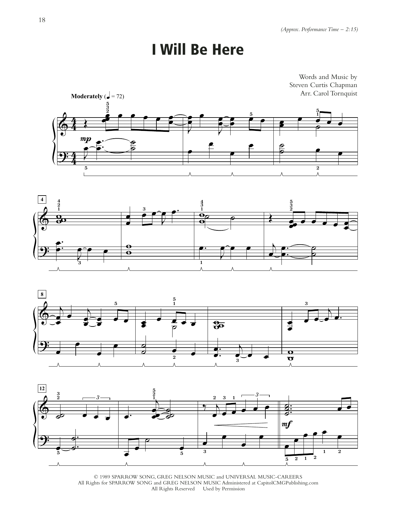 Download Steven Curtis Chapman I Will Be Here (arr. Carol Tornquist) Sheet Music and learn how to play Piano Solo PDF digital score in minutes