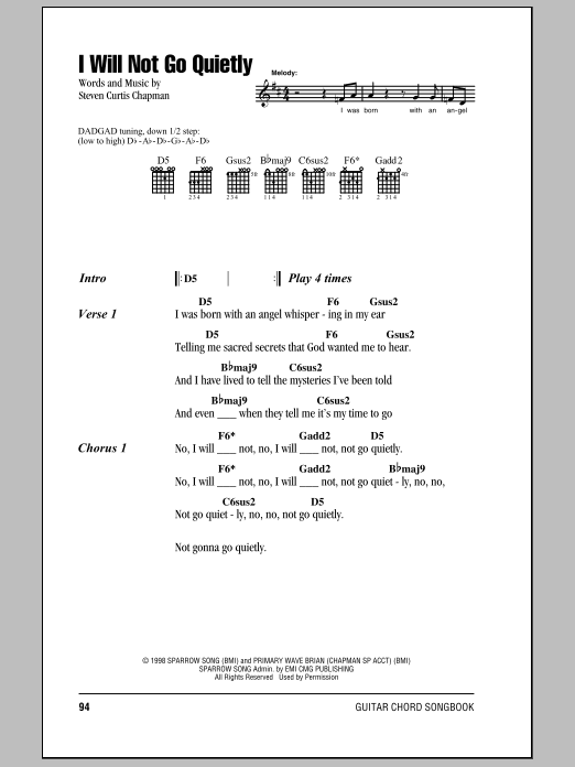 Download Steven Curtis Chapman I Will Not Go Quietly Sheet Music and learn how to play Lyrics & Chords PDF digital score in minutes