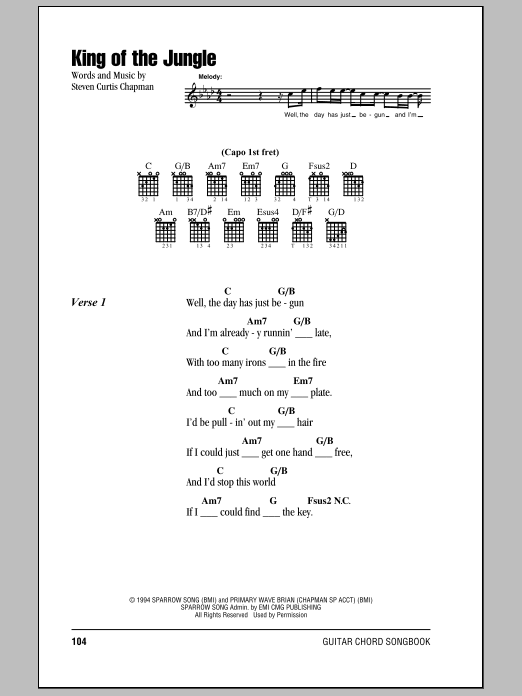 Download Steven Curtis Chapman King Of The Jungle Sheet Music and learn how to play Lyrics & Chords PDF digital score in minutes