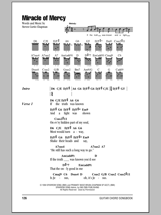 Download Steven Curtis Chapman Miracle Of Mercy Sheet Music and learn how to play Lyrics & Chords PDF digital score in minutes