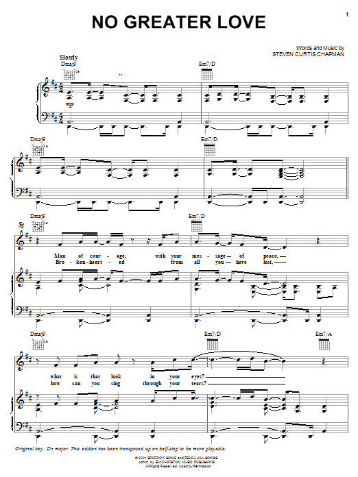 Download Steven Curtis Chapman No Greater Love Sheet Music and learn how to play Piano, Vocal & Guitar (Right-Hand Melody) PDF digital score in minutes