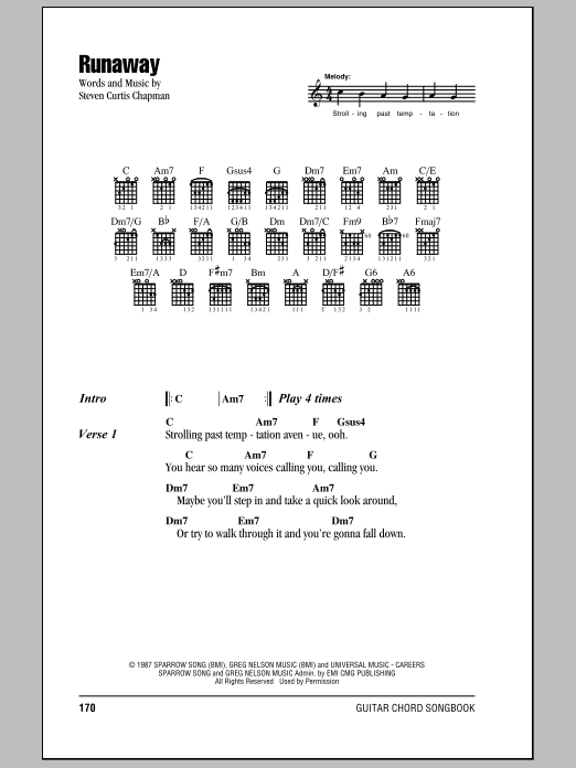 Download Steven Curtis Chapman Runaway Sheet Music and learn how to play Lyrics & Chords PDF digital score in minutes