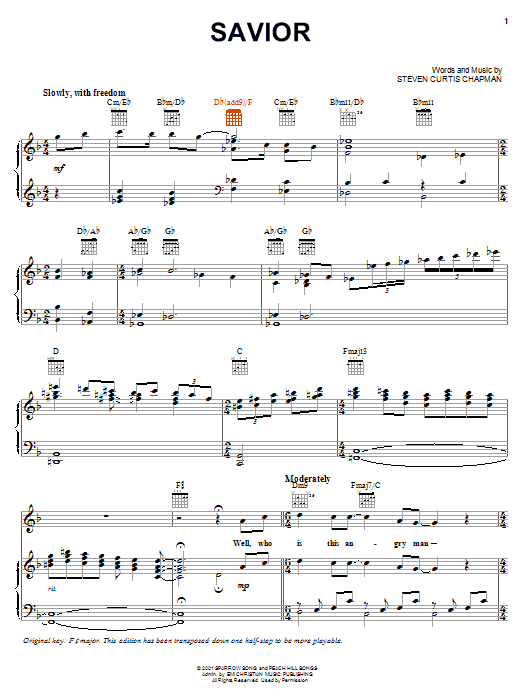 Download Steven Curtis Chapman Savior Sheet Music and learn how to play Piano, Vocal & Guitar (Right-Hand Melody) PDF digital score in minutes