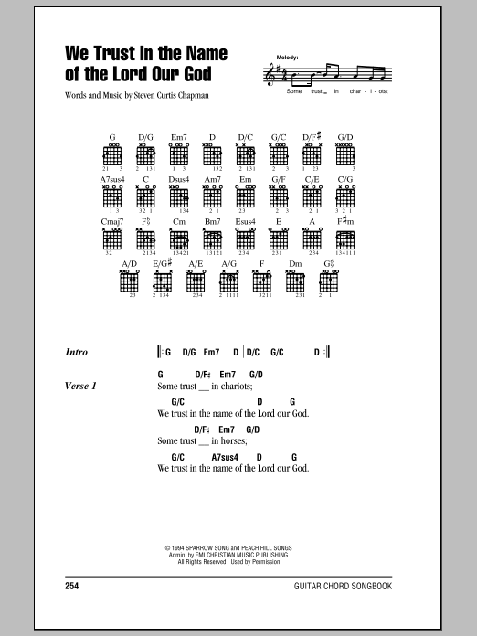 Download Steven Curtis Chapman We Trust In The Name Of The Lord Our God Sheet Music and learn how to play Lyrics & Chords PDF digital score in minutes