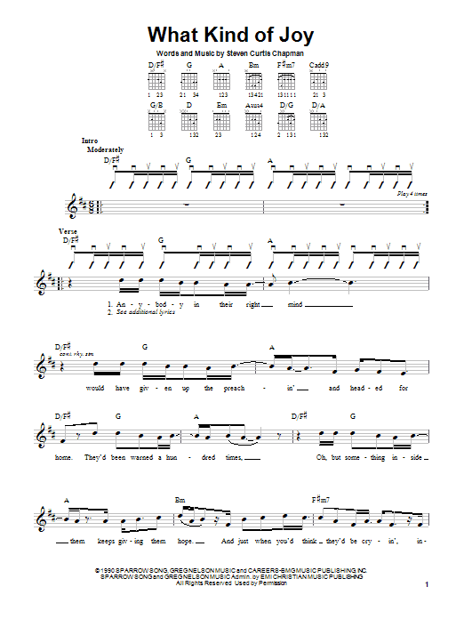 Download Steven Curtis Chapman What Kind Of Joy Sheet Music and learn how to play Guitar with strumming patterns PDF digital score in minutes