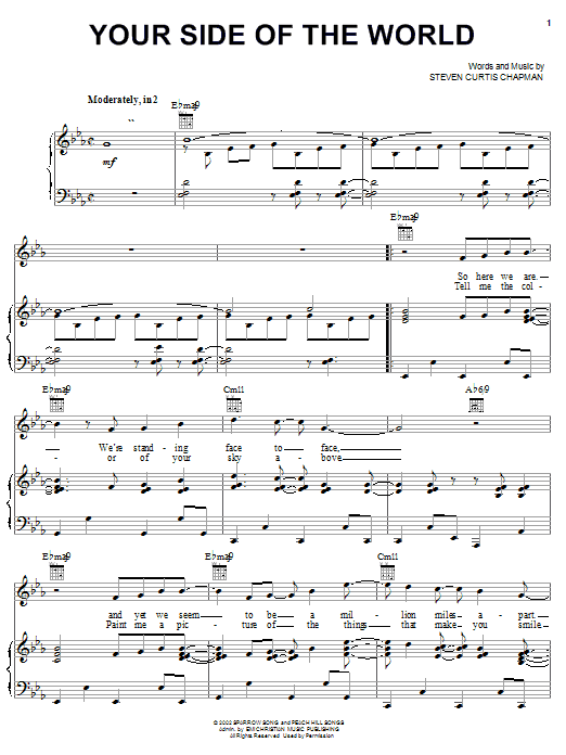 Download Steven Curtis Chapman Your Side Of The World Sheet Music and learn how to play Piano, Vocal & Guitar (Right-Hand Melody) PDF digital score in minutes