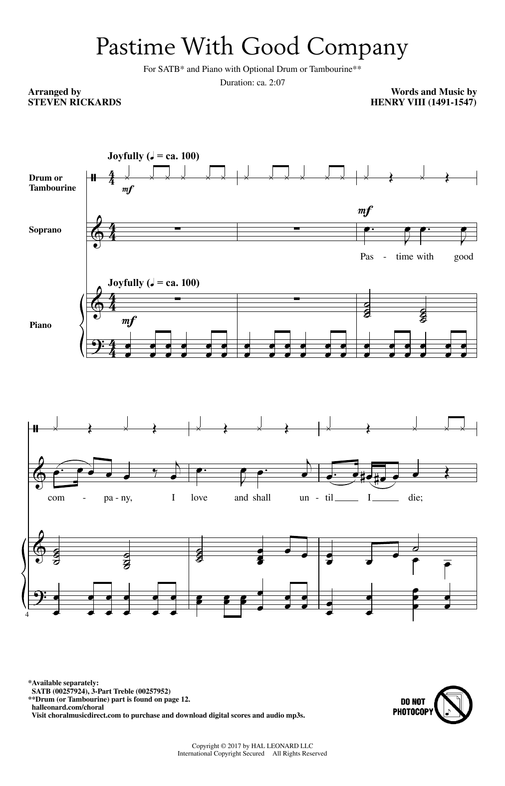 Download Steven Rickards Pastime With Good Company Sheet Music and learn how to play SATB PDF digital score in minutes