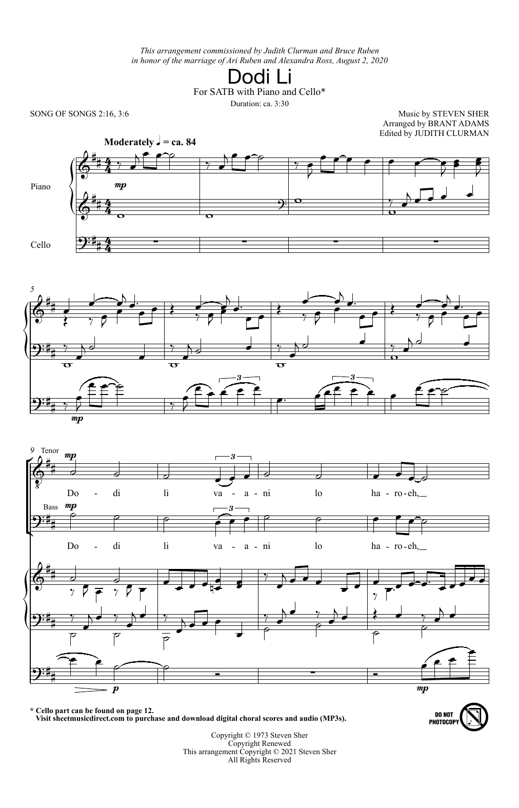 Download Steven Sher Dodi Li (arr. Brant Adams) Sheet Music and learn how to play SSA Choir PDF digital score in minutes
