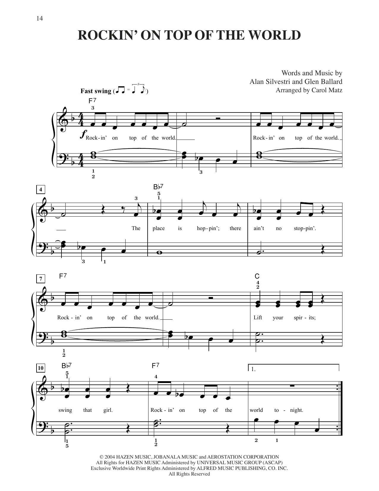 Download Steven Tyler Rockin' On Top Of The World (from The Polar Express) (arr. Carol Matz) Sheet Music and learn how to play Big Note Piano PDF digital score in minutes