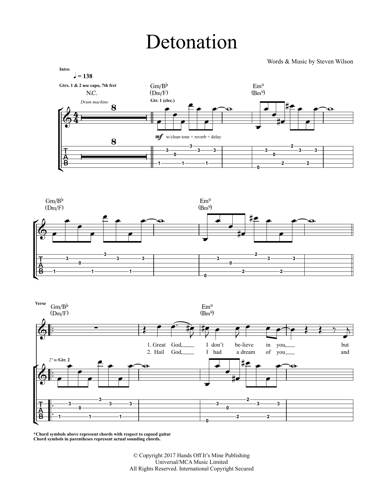 Download Steven Wilson Detonation Sheet Music and learn how to play Guitar Tab PDF digital score in minutes