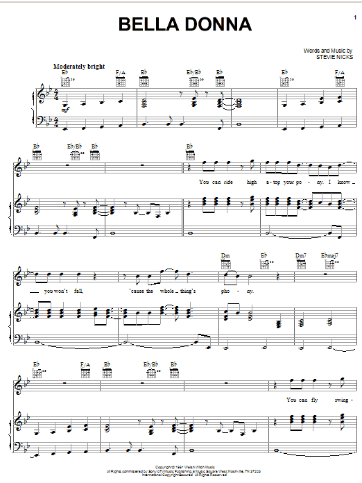 Download Stevie Nicks Bella Donna Sheet Music and learn how to play Piano, Vocal & Guitar (Right-Hand Melody) PDF digital score in minutes