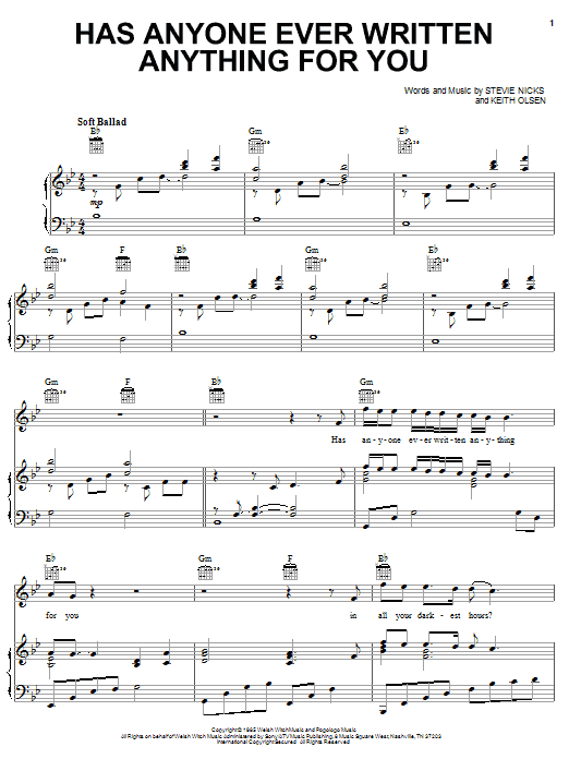 Download Stevie Nicks Has Anyone Ever Written Anything For You Sheet Music and learn how to play Piano, Vocal & Guitar (Right-Hand Melody) PDF digital score in minutes