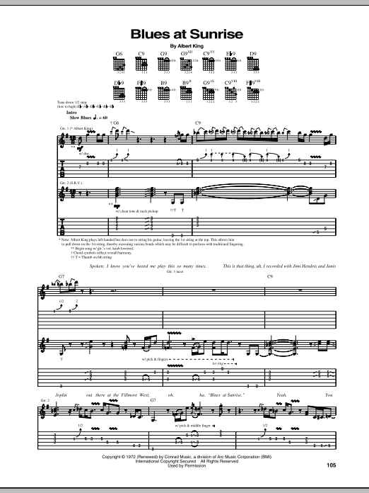 Download Stevie Ray Vaughan Blues At Sunrise Sheet Music and learn how to play Guitar Tab PDF digital score in minutes