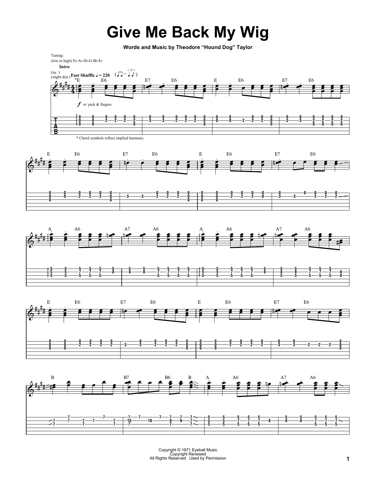 Download Stevie Ray Vaughan Give Me Back My Wig Sheet Music and learn how to play Guitar Tab PDF digital score in minutes