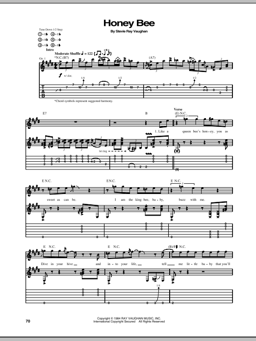 Download Stevie Ray Vaughan Honey Bee Sheet Music and learn how to play Guitar Tab PDF digital score in minutes