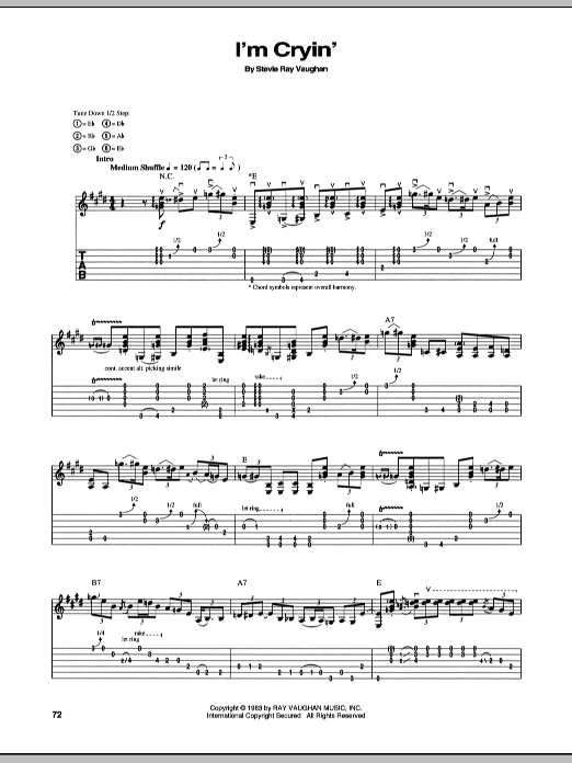 Download Stevie Ray Vaughan I'm Cryin' Sheet Music and learn how to play Guitar Tab PDF digital score in minutes