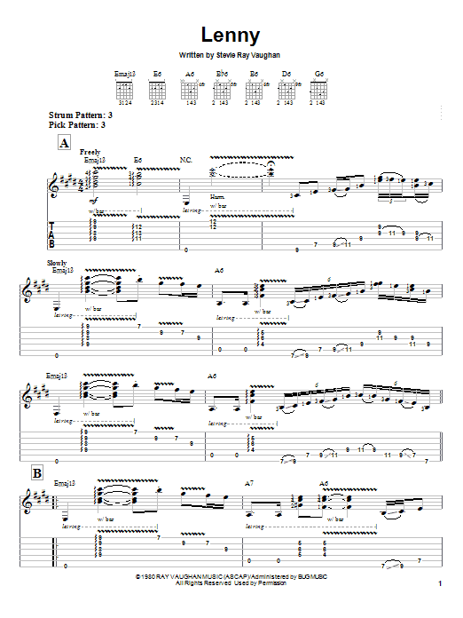 Download Stevie Ray Vaughan Lenny Sheet Music and learn how to play Guitar Tab PDF digital score in minutes