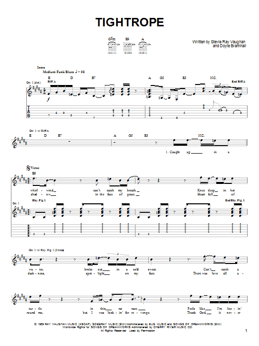 Download Stevie Ray Vaughan Tightrope Sheet Music and learn how to play DRMTRN PDF digital score in minutes