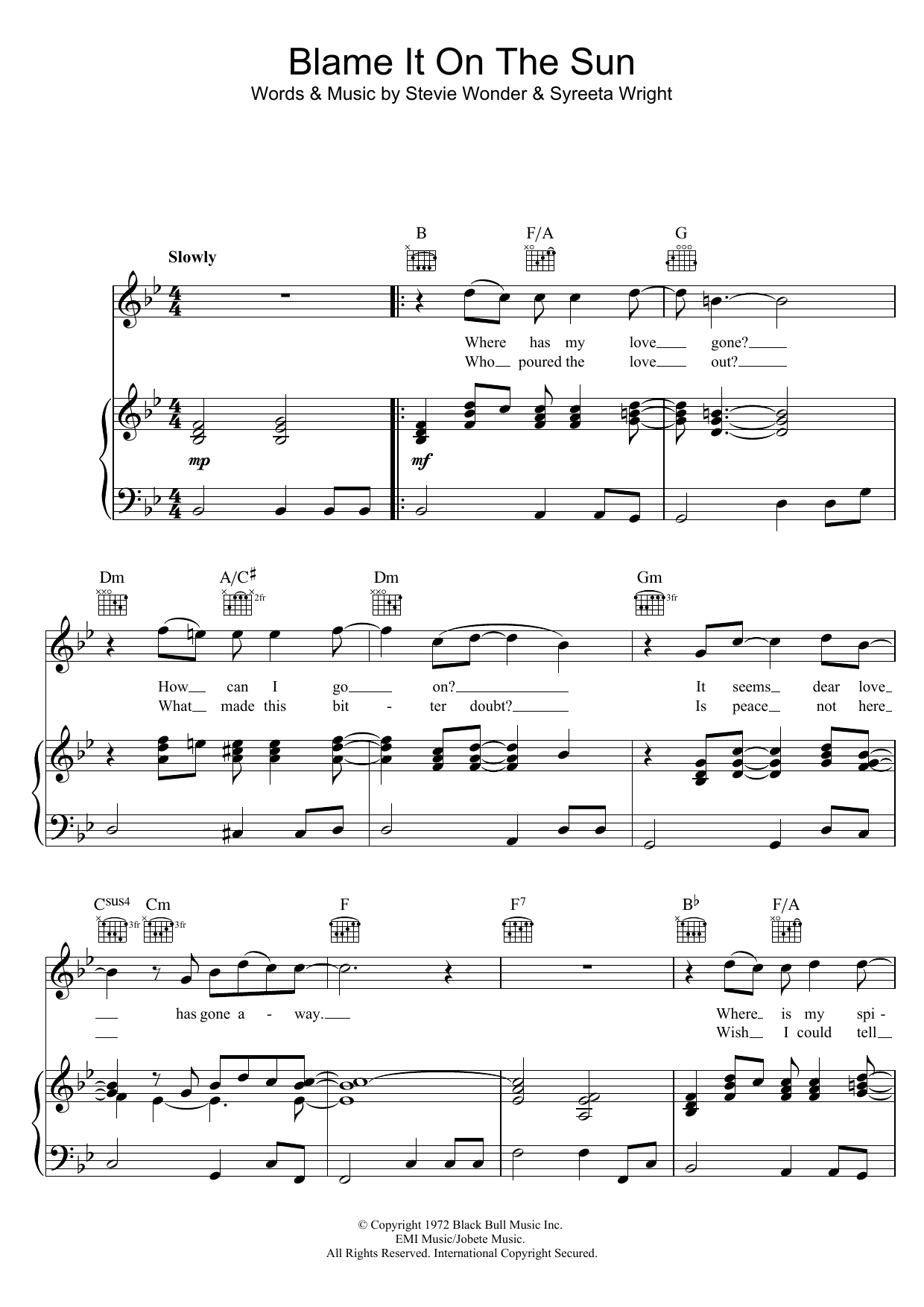 Download Stevie Wonder Blame It On The Sun Sheet Music and learn how to play Piano, Vocal & Guitar (Right-Hand Melody) PDF digital score in minutes