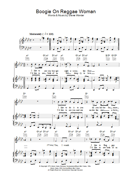 Download Stevie Wonder Boogie On Reggae Woman Sheet Music and learn how to play Piano, Vocal & Guitar (Right-Hand Melody) PDF digital score in minutes