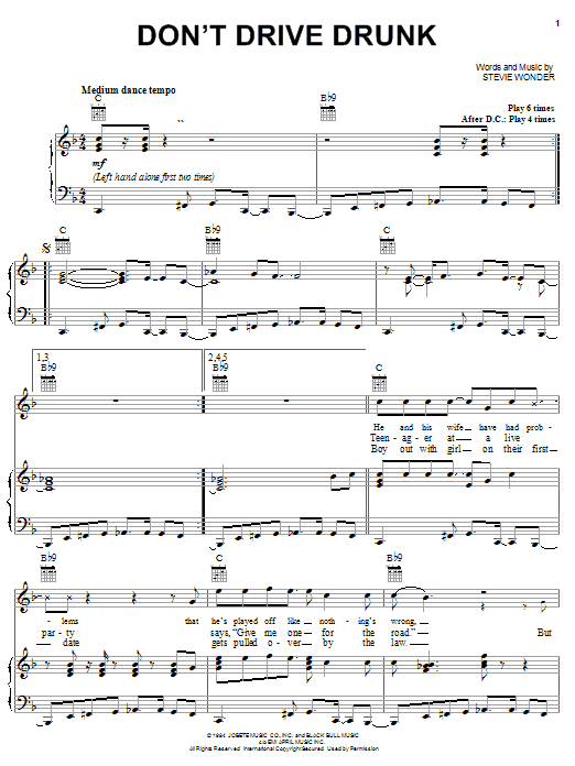 Download Stevie Wonder Don't Drive Drunk Sheet Music and learn how to play Piano, Vocal & Guitar (Right-Hand Melody) PDF digital score in minutes