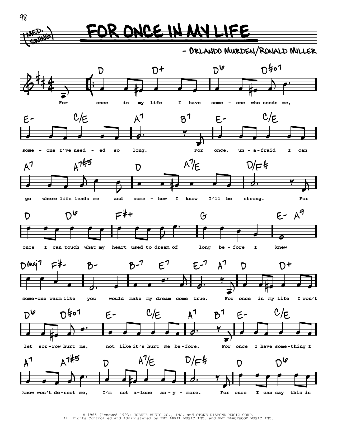 Download Stevie Wonder For Once In My Life (High Voice) Sheet Music and learn how to play Real Book – Melody, Lyrics & Chords PDF digital score in minutes