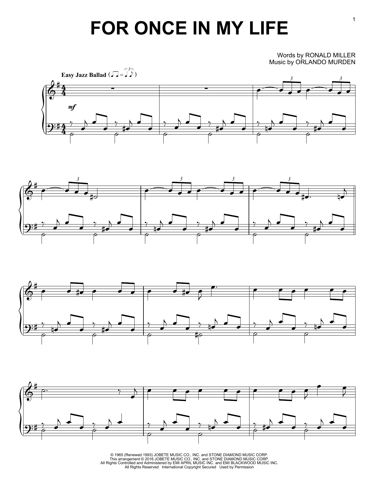 Download Stevie Wonder For Once In My Life Sheet Music and learn how to play Piano PDF digital score in minutes